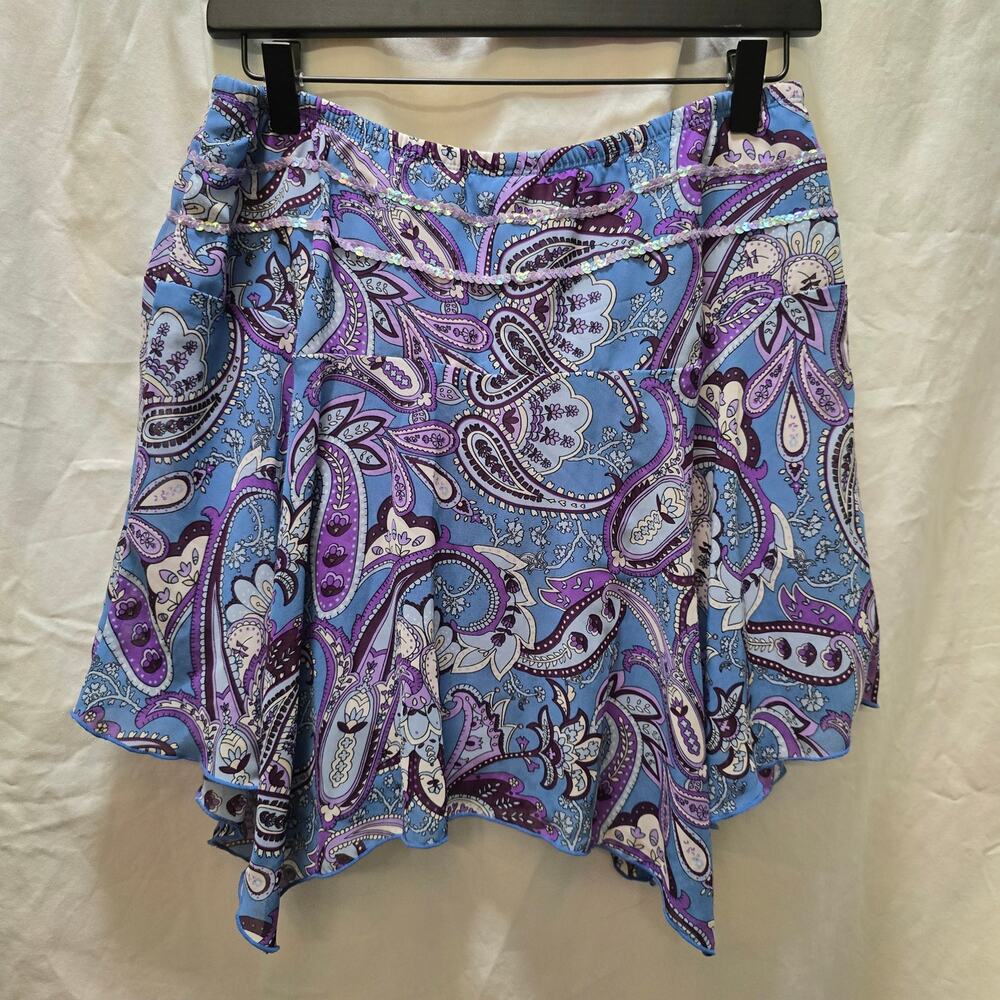 Y2K Limited Too blue purple paisley mini skirt sequin asymmetrical hem size 16.5 - Picture 12 of 13